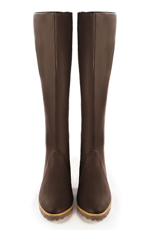 Dark brown riding knee high boots. Round toe. Flat rubber soles. Model Stan Sport